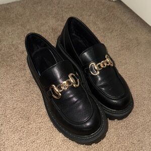 Black Loafers with Gold Chain Accent